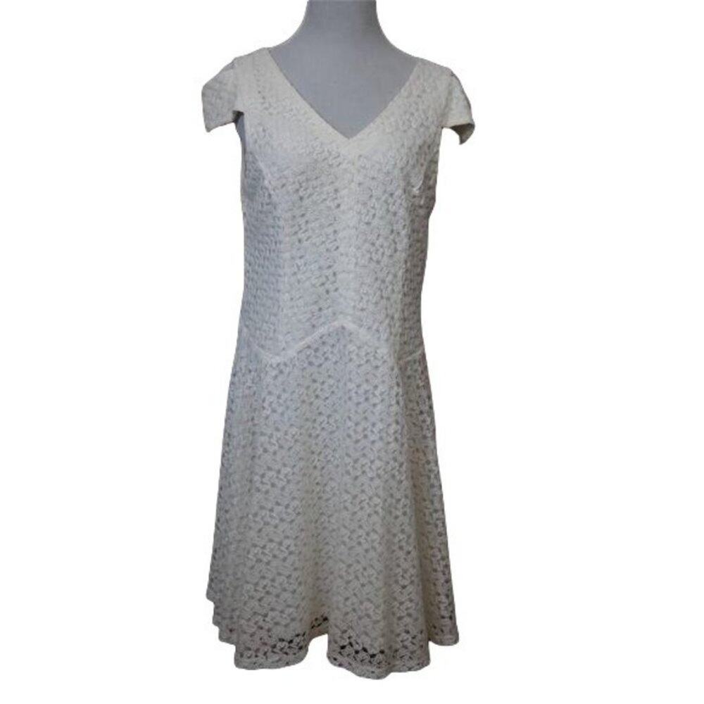 Chris McLaughlin white Cream crochet knit overlay dress cold shoulder 16